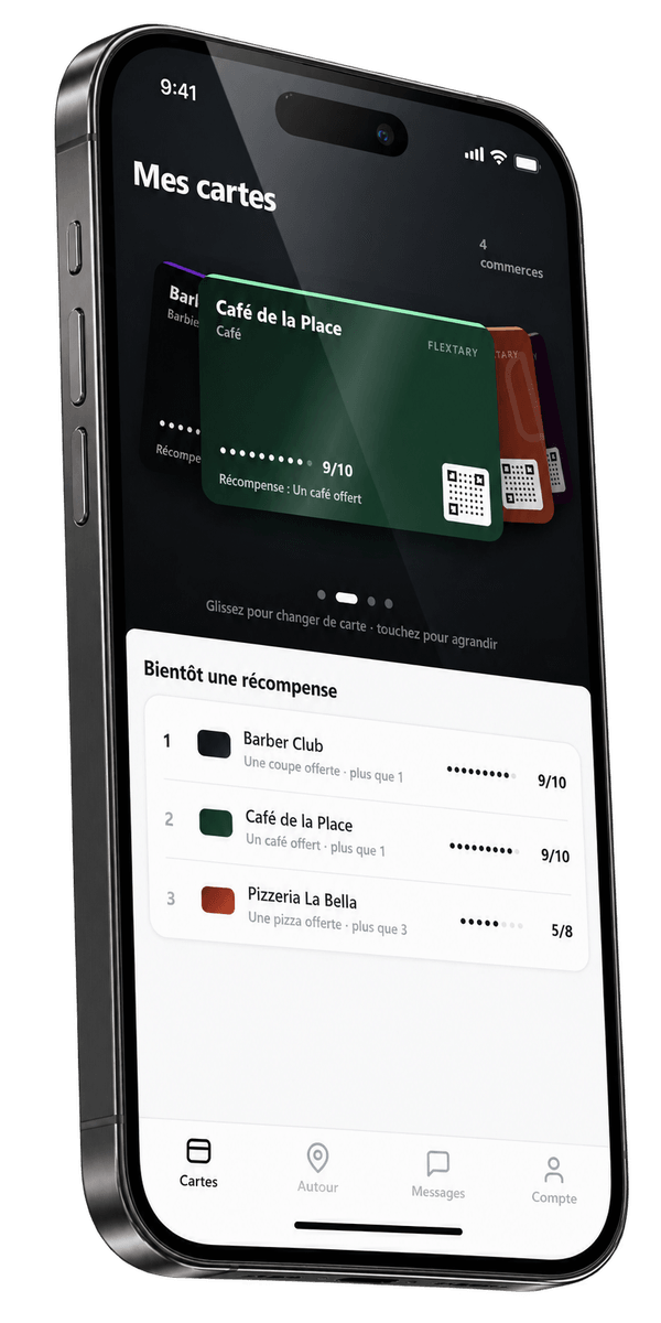 iPhone affichant l'app FlexTary, écran Mes cartes avec quatre commerces