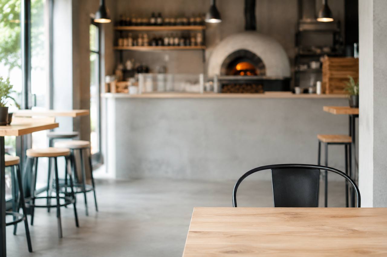 Un four à pizza et le plan de travail d'une pizzeria
